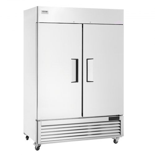 Two-door stainless steel commercial reach-in freezer with 44.21 cu.ft capacity and 8 adjustable shelves.