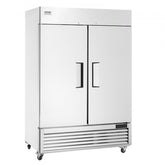 Two-door stainless steel commercial reach-in freezer with 44.21 cu.ft capacity and 8 adjustable shelves.