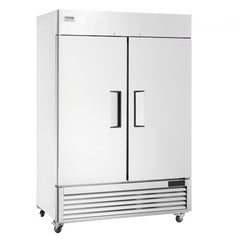 Two-door stainless steel commercial reach-in freezer with 44.21 cu.ft capacity and 8 adjustable shelves.