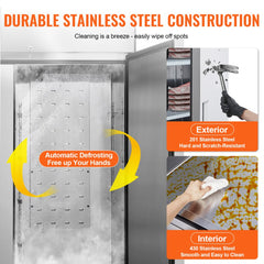 Two-door stainless steel commercial reach-in freezer with 44.21 cu.ft capacity and 8 adjustable shelves.