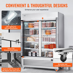 Two-door stainless steel commercial reach-in freezer with 44.21 cu.ft capacity and 8 adjustable shelves.