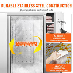 Stainless steel 3-door upright freezer with auto-defrost, shelves, and easy-clean surfaces.
