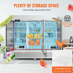 Stainless steel 3-door upright freezer with 60.42 cu.ft capacity and 12 adjustable shelves.