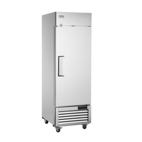 Stainless steel single-door upright refrigerator with 19.32 cu.ft capacity and casters.