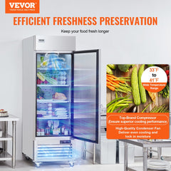 Stainless steel single door upright refrigerator with open door showing adjustable shelves and fresh produce.
