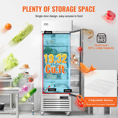 Stainless steel single-door upright refrigerator with 19.32 cu.ft capacity and adjustable shelves.