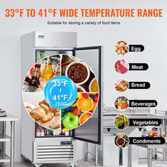 Stainless steel single-door upright refrigerator with open door showing adjustable shelves and food storage icons.
