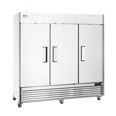 Stainless steel commercial reach-in refrigerator with three doors and adjustable shelves.