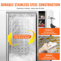 Stainless steel 3-door commercial refrigerator with adjustable shelves and LED lighting.