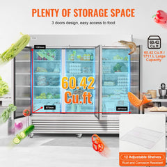 Stainless steel commercial reach-in refrigerator with three doors and adjustable shelves.
