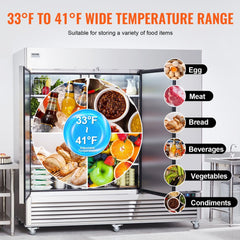Stainless steel 3-door commercial refrigerator with adjustable shelves and LED lighting.