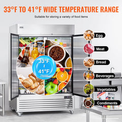 Stainless steel commercial refrigerator with two doors and eight adjustable shelves.