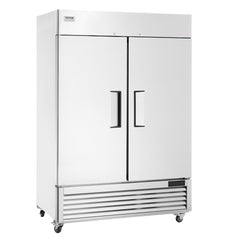 Stainless steel commercial refrigerator with two doors and eight adjustable shelves.