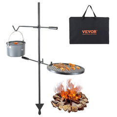 Heavy duty portable steel campfire grill with 360° swivel and adjustable height.