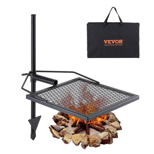 Heavy-duty steel campfire grill with a 360° swivel mechanism and adjustable height.