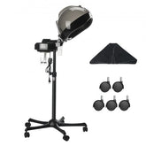 Professional hooded ionic hair steamer with 11.81-inch dome, stand, wheels, and shawl.