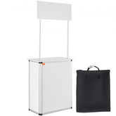 White aluminum portable tradeshow podium table with foldable frame, 31x15x71 inches, and black carry bag.