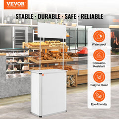 White aluminum portable tradeshow podium table with wood top, shelf, and carry bag.