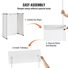 Diagram showing easy tool-free assembly of a white aluminum portable tradeshow podium table.