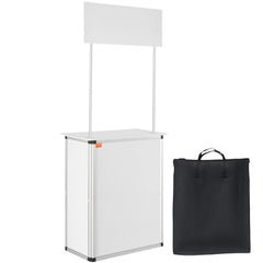 White aluminum portable tradeshow podium table with foldable frame and carry bag.