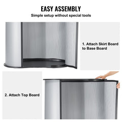 Diagram showing easy assembly steps for a foldable black tradeshow podium with base, skirt, and top boards.
