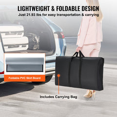 A woman carries a folded black portable tradeshow podium with PVC skirt board and carrying bag toward a car trunk.