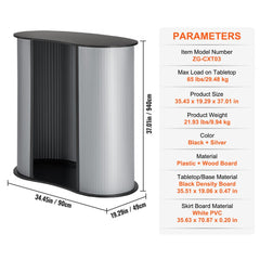 Foldable black portable tradeshow podium table, 35.43 x 19.29 x 37.01 inches.