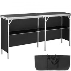 Black 78-inch folding portable bar table with skirt and carry bag.