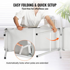 A woman unfolds a long white folding bar table with adjustable legs in a bright room.
