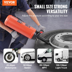 Handheld tire bead seater with 9L orange tank and 150 PSI gauge for inflating vehicle tires.