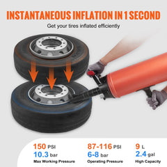 Handheld tire bead seater inflating truck tires with 150 PSI portable 9L inflator.