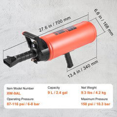 Orange 9L handheld tire bead seater with pistol grip, 150 PSI gauge, and dimensions shown.