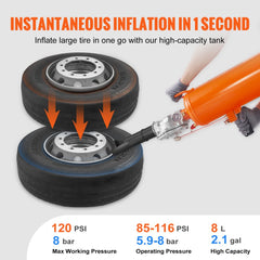 Handheld orange bead blaster inflating large tire with pressure gauge and ergonomic grip.