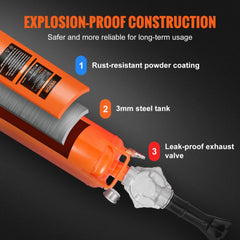 Orange handheld tire bead seater with explosion-proof construction, rust-resistant coating, 3mm steel tank, and leak-proof valve.