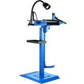 Blue manual tire spreader stand with adjustable LED light, pedal control, and tool tray.