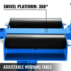 Blue tire spreader with black rollers, adjustable working table, and 360-degree swivel platform.