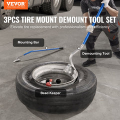 A 3-piece tire mount and demount tool set with a mounting bar, demounting tool, and bead keeper.