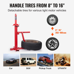 Red manual tire changer with adjustable clamp for 8-16 inch tires, shown with wheels and vehicle icons.