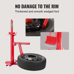 Red manual tire changer with portable stand and smooth wedged foot for 8-16 inch tires.
