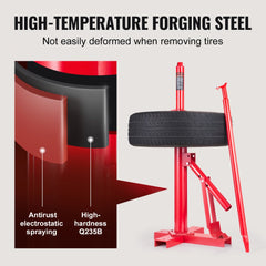Portable manual tire changer with red forged-steel frame, bead breaker, and tire clamp for 8-16 inch tires.