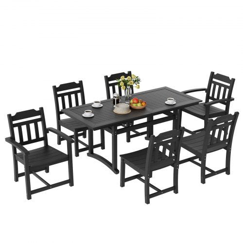 Black 7-piece patio dining set with rectangular table and six chairs, outdoor HIPS material.