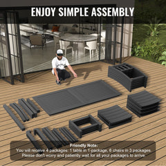 Black 7-piece patio dining set with square table and six chairs on wooden deck.