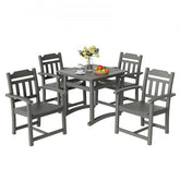 Light gray 5-piece patio dining set with square table and ergonomic chairs.