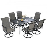 Black metal swivel chairs with weather-resistant seats in a 7-piece patio dining set.