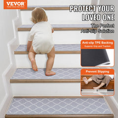 Light gray non-slip stair treads, 9"x28", with plush texture and velvet edges for safety.