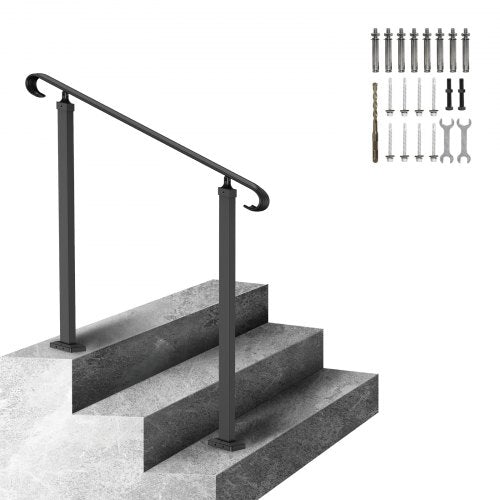 Black adjustable wrought iron handrail for 1-3 outdoor steps with curly design.