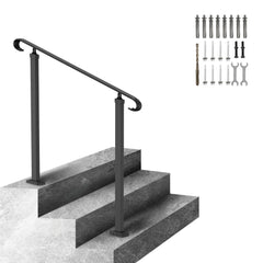 Black wrought iron handrail with adjustable height for 1-3 outdoor steps.