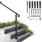 Wrought iron handrail for 2-3 outdoor steps with wall and floor mounting options.