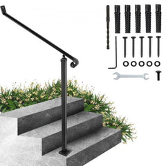 Wrought iron handrail for 2-3 outdoor steps with wall and floor mounting options.