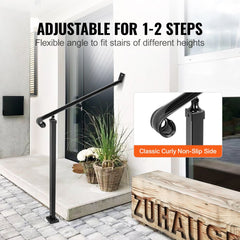 Wrought iron handrail for 2-3 outdoor steps with wall and floor mounting options.